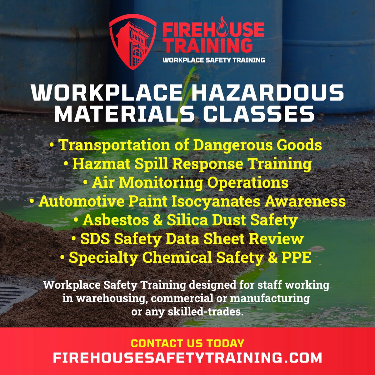 FirehouseTrain1's tweet image. Is your workplace or industry looking for spill response, transportation of dangerous goods or chemical safety training? Contact us for some course details and pricing!🏭🛢️ 
#hazardousmaterials #healthandsafety #fireextinguishertraining #firehousetraining #workplacesafety