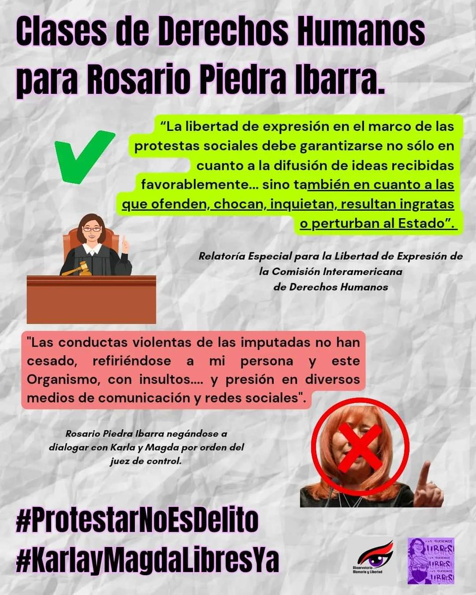 LibresYa_'s tweet photo. Vemos necesario enseñarle a @RosarioPiedraIb titular de @CNDH que la libertad de expresión es un derecho y no es pretexto el sentirse "ofendida" para no entablar un diálogo con Karla y Magda
#laCNDHmecriminaliza #rosariorepresora #karlaymagdalibresya #protestarnoesdelito https://t.co/47pxsKlMRw