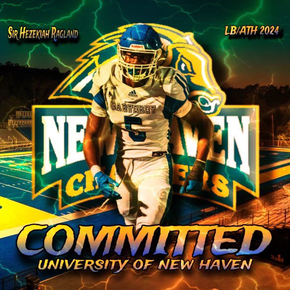 After A Conversation With The Man Above🙏🏾. I Am Beyond Blessed To Say Im 100% Committed To The University Of New Haven ⚡️⚡️ #ChargeOn @UNewHavenFB @CoachCrandall @CoachPince @CarteretHFC @RamblerFB @Ramblers_SC #AGTG #thankyoulord