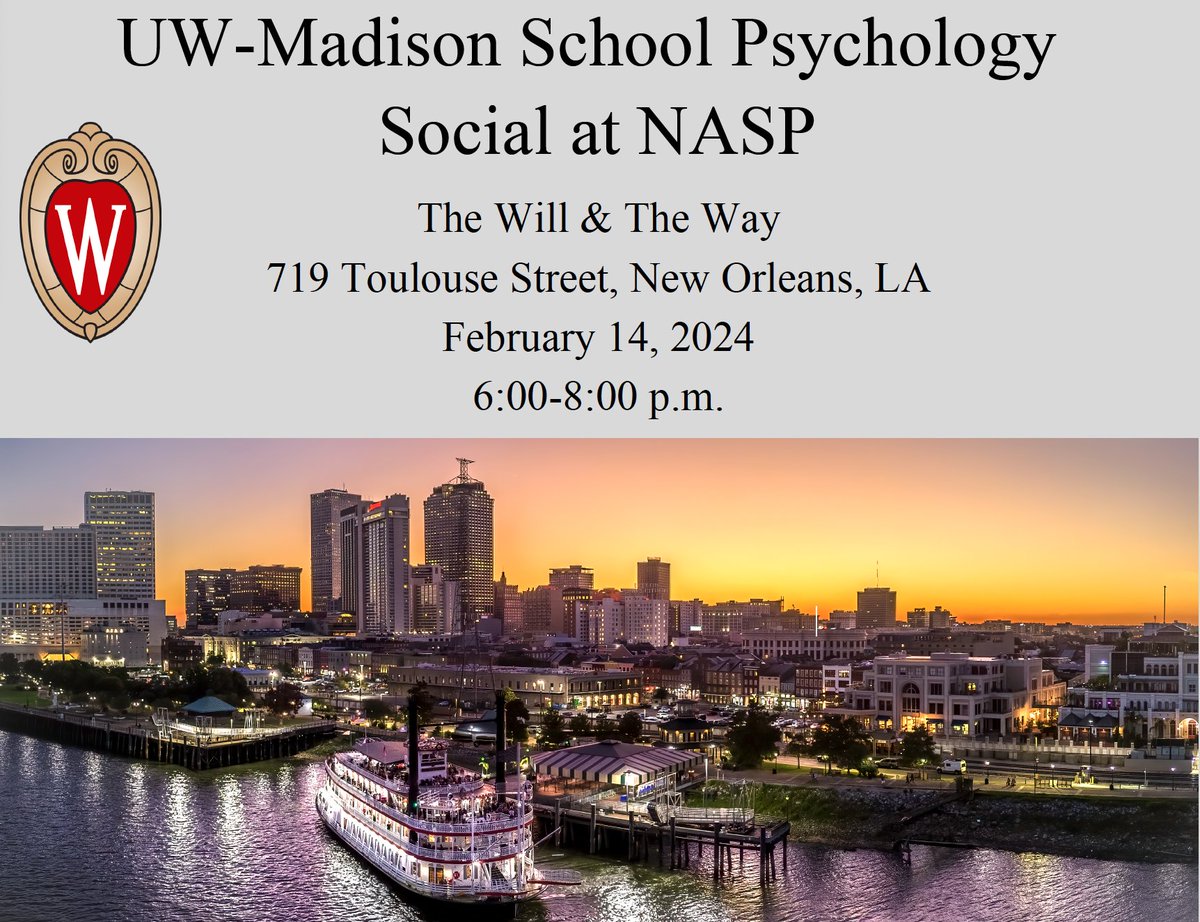 Please join us for a social during the NASP Convention! We will be gathering at The Will &amp; The Way at 719 Toulouse Street in New Orleans from 6pm-8pm on Wednesday, February 14. We look forward to seeing alumni, faculty, students, and other friends of the program!