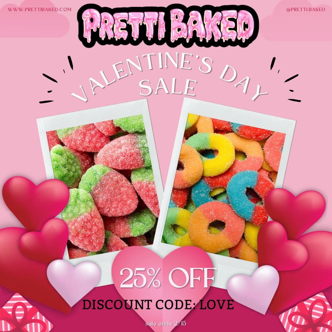 PrettiBaked's tweet photo. Thereβs a Valentineβs day sale happening! #edibles #gummies #gummys #gummis #ediblesla #edibles #cannabis #cannabiscommunity #marijuana #herbal #weed #laweed #weedstagram #weedporn #420 #thc #hightimes #foodies #highchef #cbd #420models #420girls #420barbies #edibleslist https://t.co/3uz0Ph3Wj4