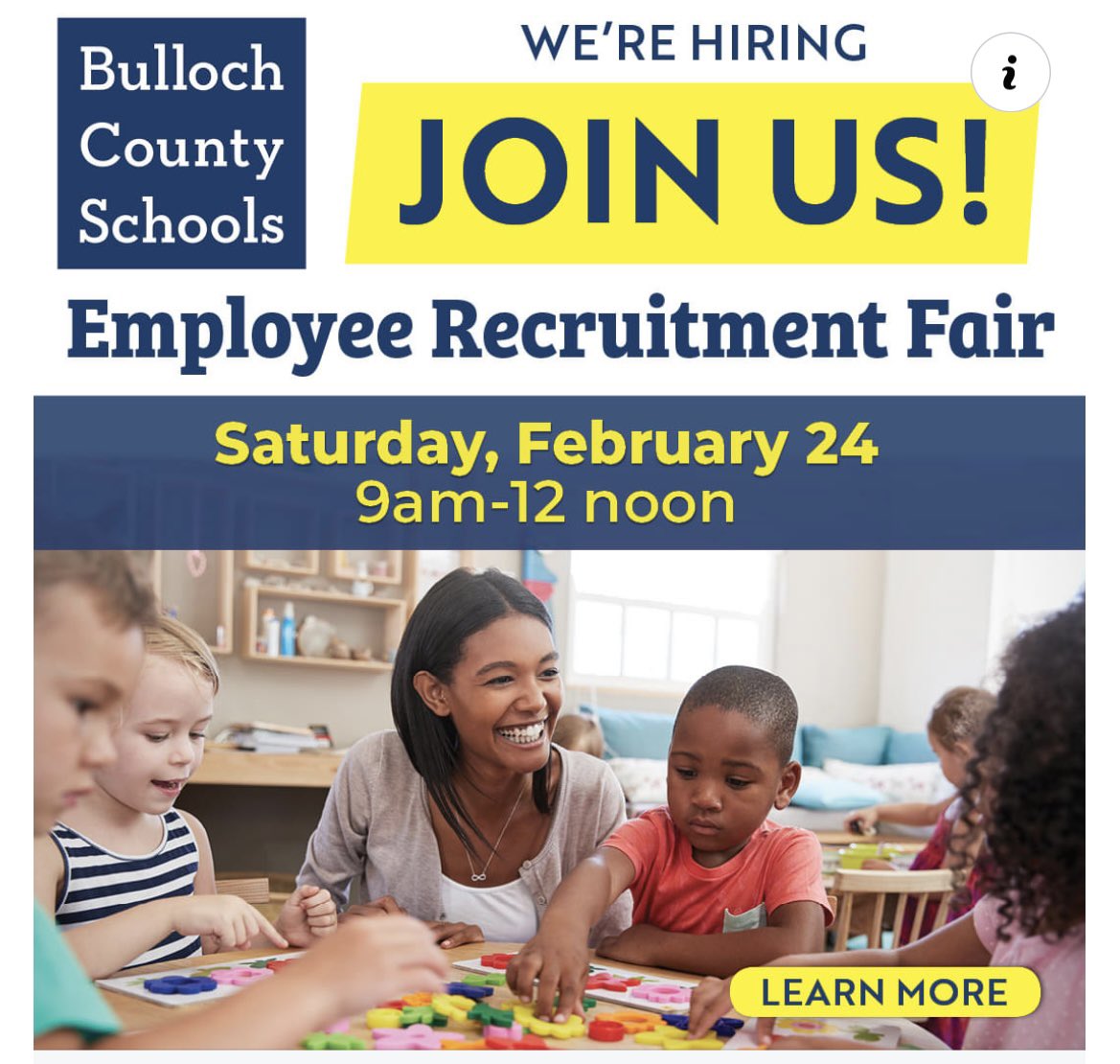 Bulloch County Schools Employee Recruitment Fair; Saturday, February 24
9 a.m. to 12 noon; Statesboro High School; 10 Coach Lee Hill Boulevard

We’re hiring all job types – Can’t attend in person? Apply online for current and future openings  at bullochschools.org/jobs. #jobs