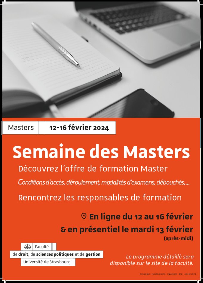 La gestion de patrimoine vous intéresse :

Le Master Ingénierie juridique et fiscale du patrimoine sera présent le 13/2, de 13h30 à 16h30, dans l'aula de la faculté de droit de Strasbourg.
À défaut, posez vos questions en visio, le 14/2 de 17h à 18h : bbb.unistra.fr/b/nic-mpv-4cb-…