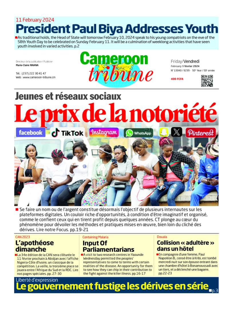Notre #Une
#influencer #Facebook #Journal #Tiktok #instagram #X #Twitter #CameroonTribune #11Fevrier #FeteDeLaJeunesse #reseauxsociaux #PaulBiya #CAN2023 #AFCON2024