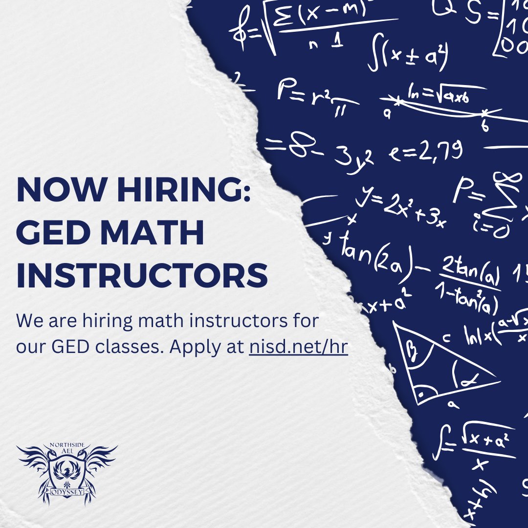 We are hiring math instructors for our GED classes. Apply at nisd.net/hr