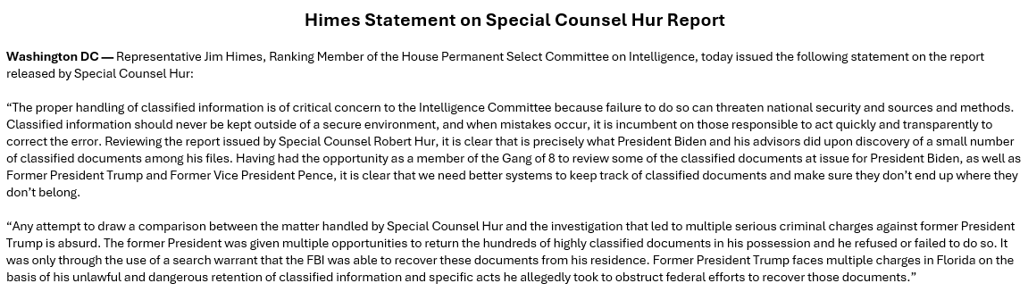 Ranking Member Jim Himes statement on the report released today by Special Counsel Hur: