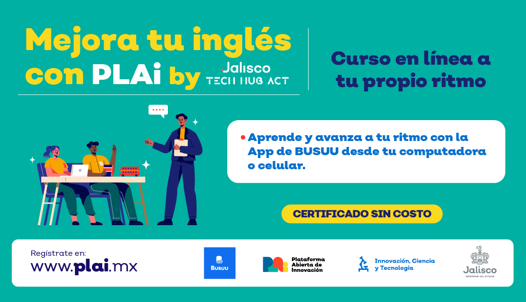 plai_mx's tweet photo. ¡Mejora tu Inglés con PLAi by Jalisco Tech Hub Act!
Aprende inglés desde cero con un curso en línea a tu propio ritmo en la App Busuu ✨ accesible desde celular o computadora. 👩🏻‍💻👨🏻‍💻
¡Cupo limitado! vigencia por un año.
📲 Obtén tu beca del 100% en: https://t.co/KIB3EuedlJ https://t.co/ufgzpYamkT