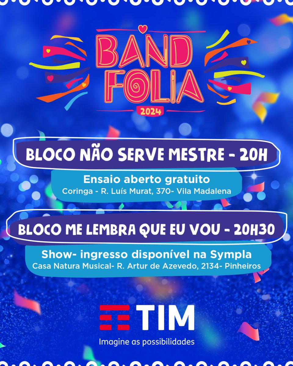 BandJornalismo's tweet photo. Falta pouco para começar o Carnaval. Se você quer passar os dias de folia conectado, pode realizar o Test Drive TIM. Quem não é cliente garante 30GB de internet por até 30 dias. https://t.co/3o9EHiNDdI
#TestDriveTIM #BandFolia #EutoNaBand
Oferecimento: @TIMBrasil https://t.co/qX5cVvufgf