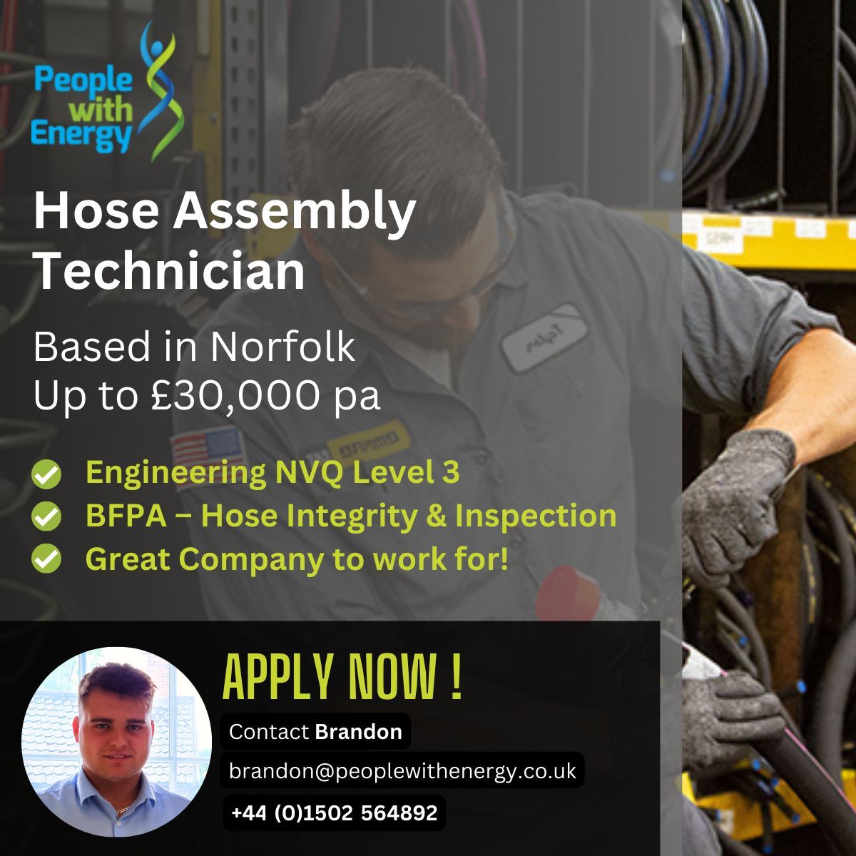 Hose Assembly Technician required in Norfolk. Up to £30,000. Call Brandon on 01502 564892 or email brandon@peoplewithenergy.co.uk. 

#HoseAssemblyJobs
#TechnicianOpportunity
#NorfolkJobs
#AssemblyTechnician
#NorfolkCareers
#NowHiringNorfolk