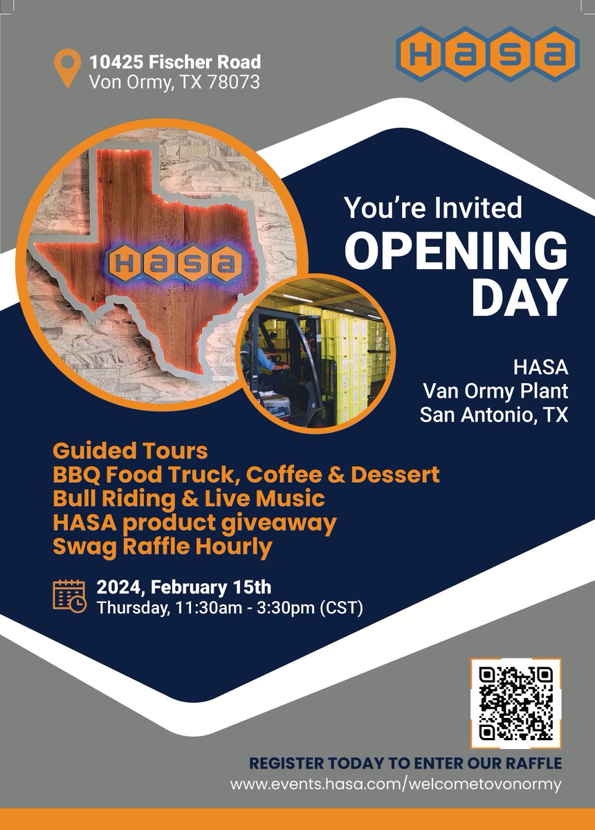 orendatech's tweet photo. Stop by our newest Hasa plant on your way to the Southwest Pool &amp; Spa Show. Take a guided plant tour, grab lunch at our food truck stop, pickup free Hasa products and some seriously awesome swag. To enter the raffle, sign up and let us know you're coming. https://t.co/zJyjtNNNZ8 https://t.co/93YEu4DbgT