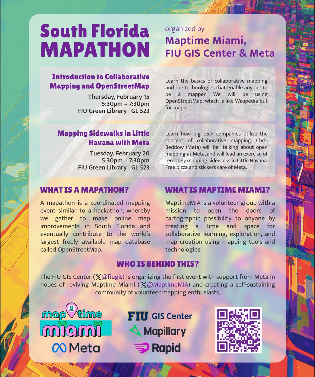Maptime Miami (@maptimemia) on Twitter photo <a href="/MaptimeMIA/">Maptime Miami</a> is back with a mini Mapathon series! On Feb 15 you will learn about <a href="/openstreetmap/">OpenStreetMap</a> then we will welcome <a href="/cbed32/">Christopher Beddow</a> on Feb 20 who will talk about open mapping at <a href="/Meta/">Meta</a> + lead a hands-on mapping session. Hosted by <a href="/fiugis/">FIU GIS Center</a>. <a href="/MaptimeHQ/">Maptime HQ</a> <a href="/OpenStreetMapUS/">OpenStreetMap US</a> <a href="/CodeForMiami/">Code Miami</a> <a href="/MaptimeMIA/">Maptime Miami</a> is back with a mini Mapathon series! On Feb 15 you will learn about <a href="/openstreetmap/">OpenStreetMap</a> then we will welcome <a href="/cbed32/">Christopher Beddow</a> on Feb 20 who will talk about open mapping at <a href="/Meta/">Meta</a> + lead a hands-on mapping session. Hosted by <a href="/fiugis/">FIU GIS Center</a>. <a href="/MaptimeHQ/">Maptime HQ</a> <a href="/OpenStreetMapUS/">OpenStreetMap US</a> <a href="/CodeForMiami/">Code Miami</a>