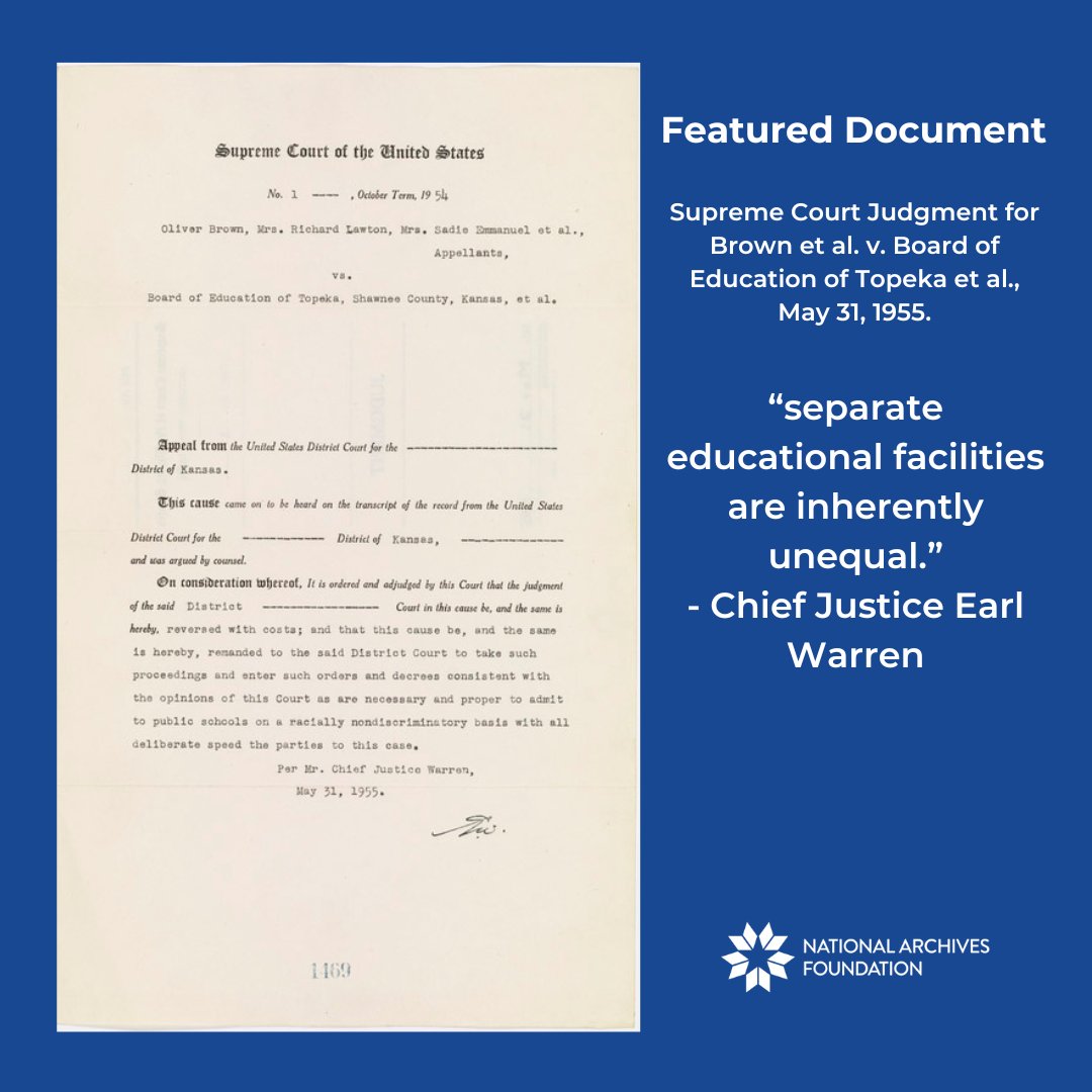 May 17, 1954: the Supreme Court delivered the ruling that “separate but equal” was unconstitutional in public schools. The judgment is on display at the National Archives until February 28 bit.ly/3HUKj8w Made possible in part through the generous support of Verizon.