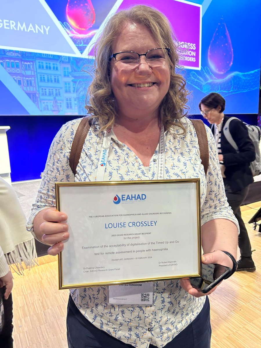 HCPA11's tweet photo. Congratulations to our @HCPA11 member  @Lcrossley5 on receiving  #EAHAD research grant. Lou will be presenting her work examining the acceptability of the Timed Up and Go test for remote assessment in people with #haemophilia at #EAHAD2025 #TEMPO 
Well done Lou 👏👏👏 #EAHAD2024 https://t.co/DcyQxsab1j