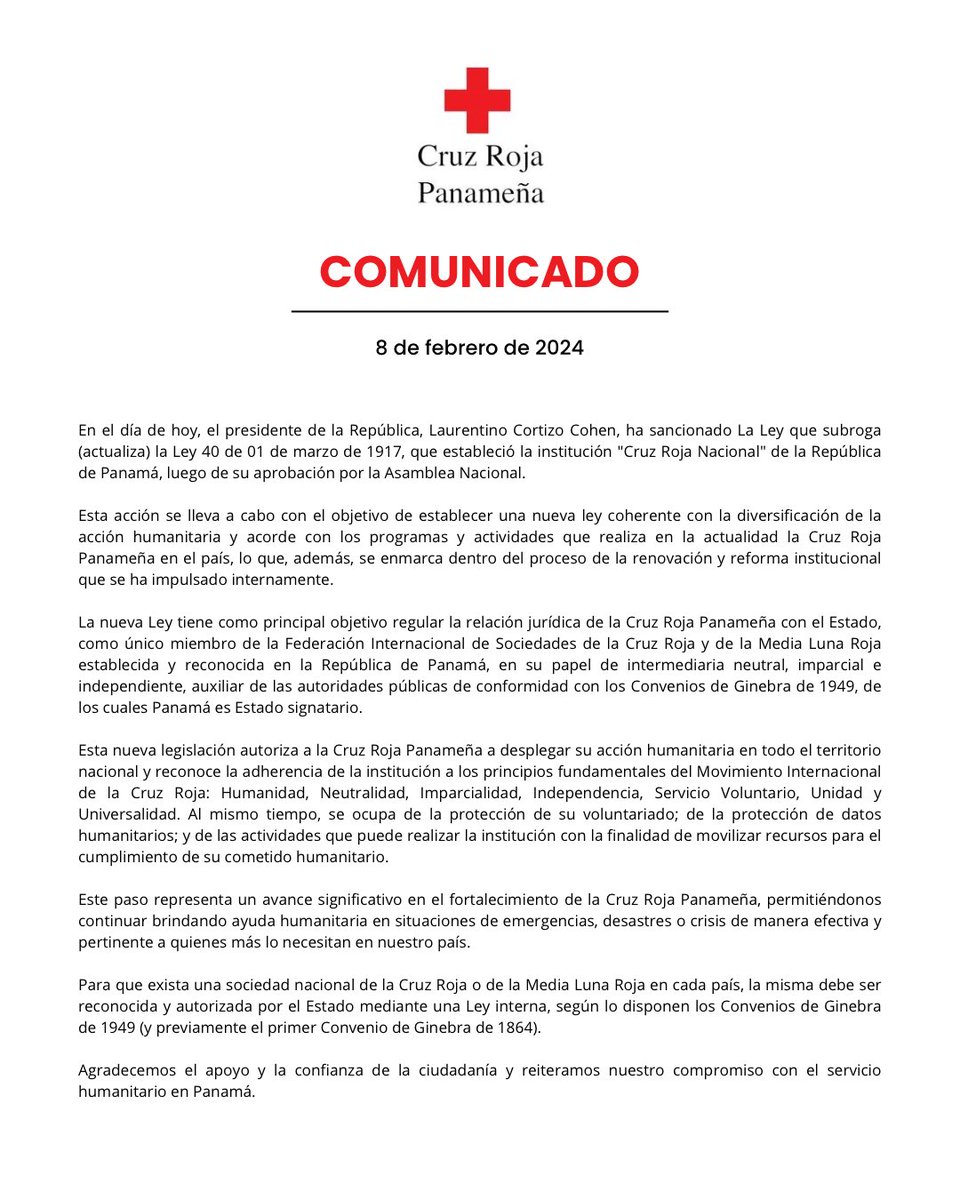 CruzRojaPanama's tweet photo. ¡Noticias emocionantes! El presidente Laurentino Cortizo Cohen ha sancionado la nueva ley que actualiza la Ley 40 de 1917, fortaleciendo así la Cruz Roja Panameña #SomosCruzRoja #LeyActualizada #AcciónHumanitaria https://t.co/1zdiMn8bYS