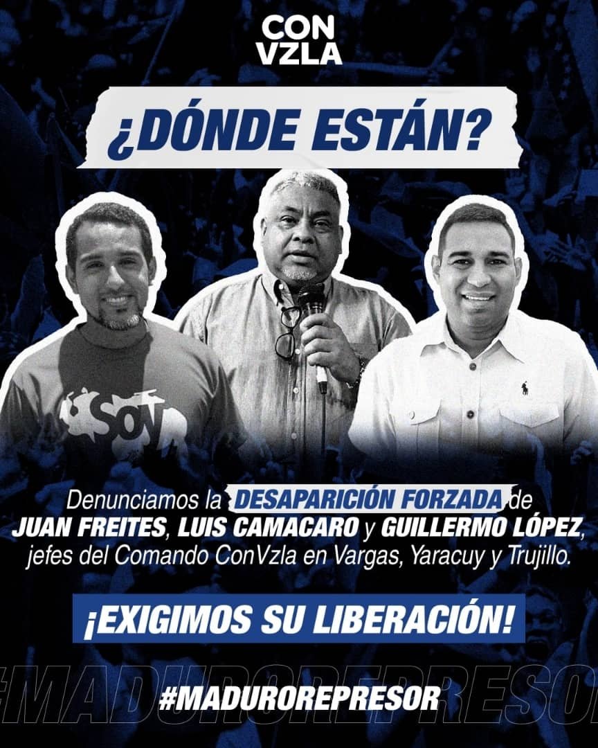 #08Feb 

Mientras no se sepa nada de Juan Freites, Luis Camacaro y Guillermo López, el delito de desaparición forzada es continuado.

#TarekDóndeEstánLos3