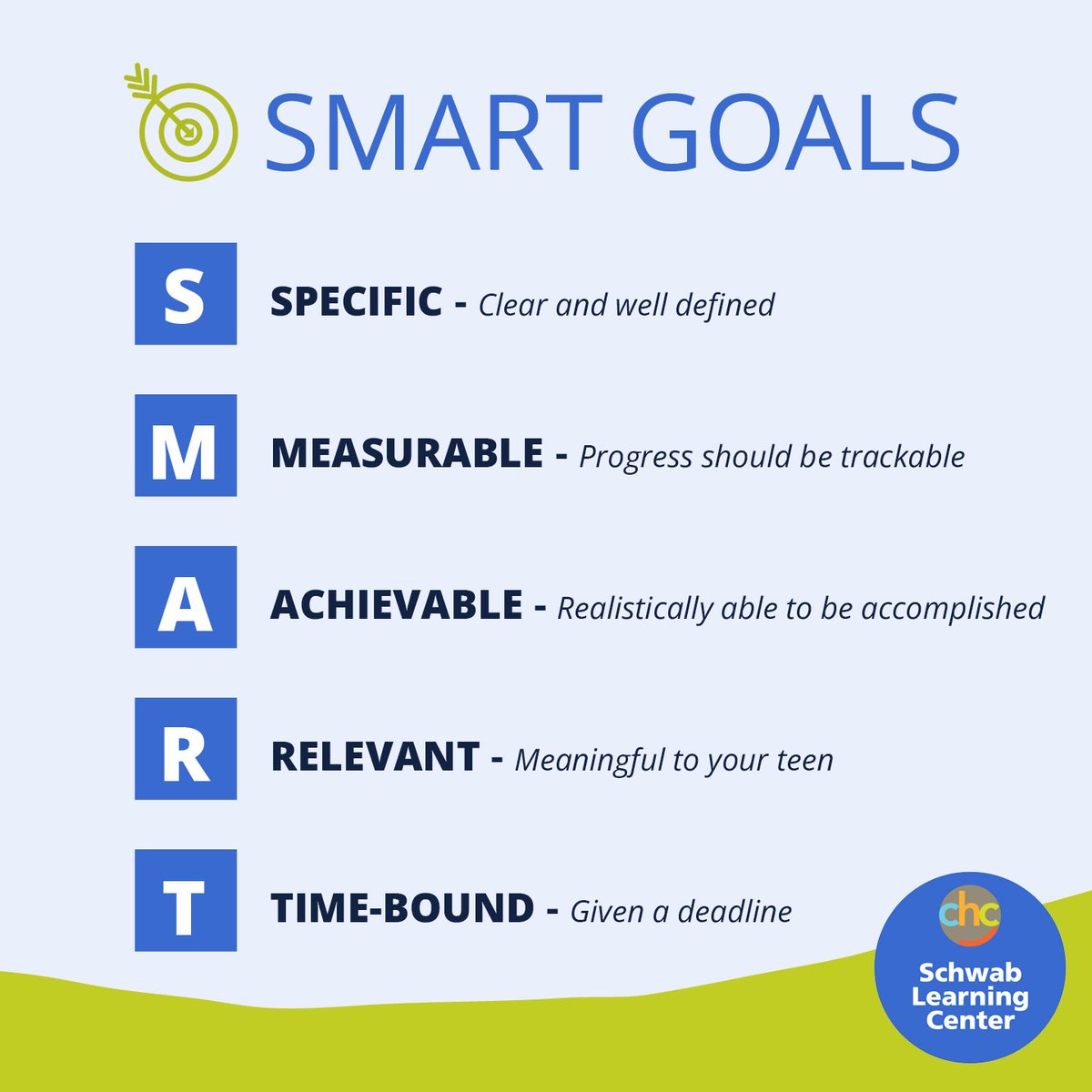 When you empower your teen to set and meet their own goals, you're helping them develop valuable executive functioning skills that they'll use all their lives. 

SMART goals can help them get there.
.
@SchwabLearningCenteratCHC @SLCatCHC @CHC #ExecutiveFunctioning #ADHD #Dyslexia