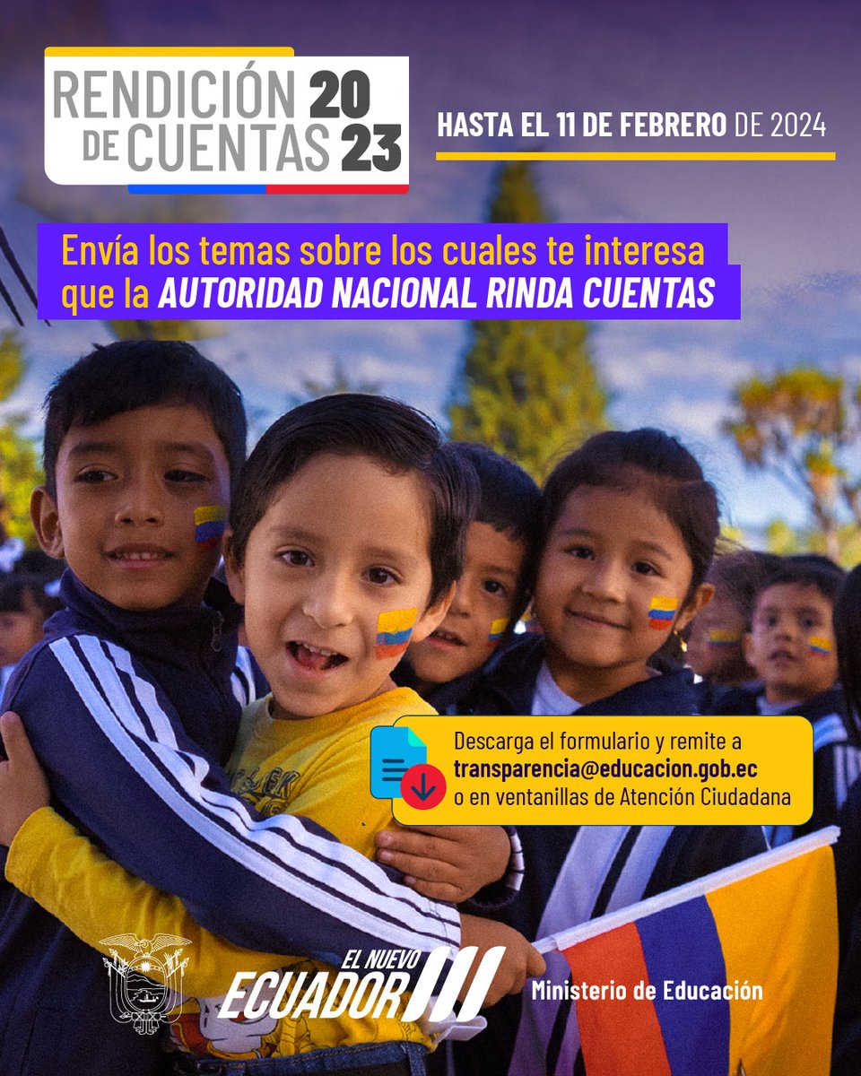 ¡Sé parte de nuestra #RendiciónDeCuentas2023! Hasta el 11 de febrero participa en los espacios ciudadanos y déjanos conocer qué temas te interesa que se aborden.

📌 Descarga el formulario ➡️ bit.ly/3St7U5k

#ElNuevoEcuador