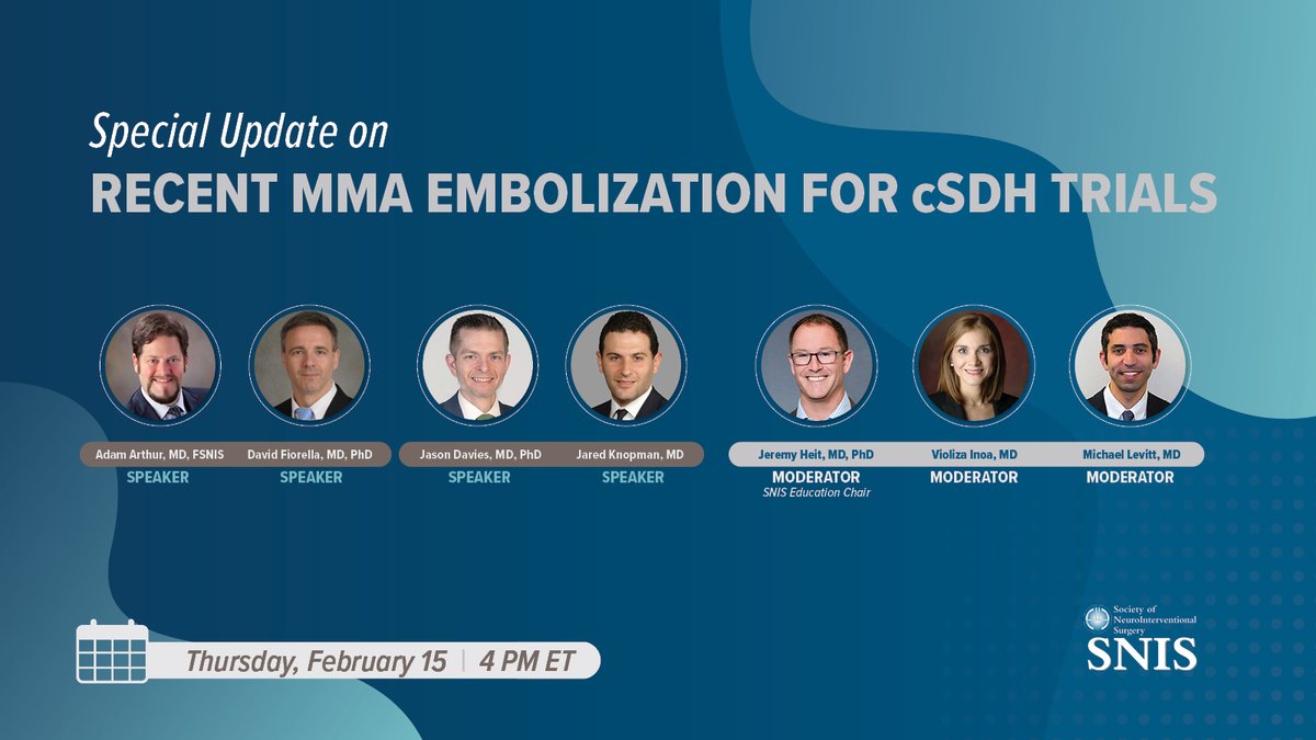 An exciting #SNISinsights webinar “Special Update on Recent MMA Embolization for cSDH Trials” is Thu 2/15 at 4pm ET! Register for this webinar here: pulse.ly/ddjrodgdal You won't want to miss it!