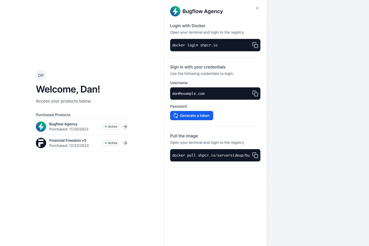 This is what it will look like after someone completes a purchase on SelfHost Pro.

This is where you'll be able to use your Docker Credential to access all your software.

There are still a few things to figure out, but I like where this is going 😃