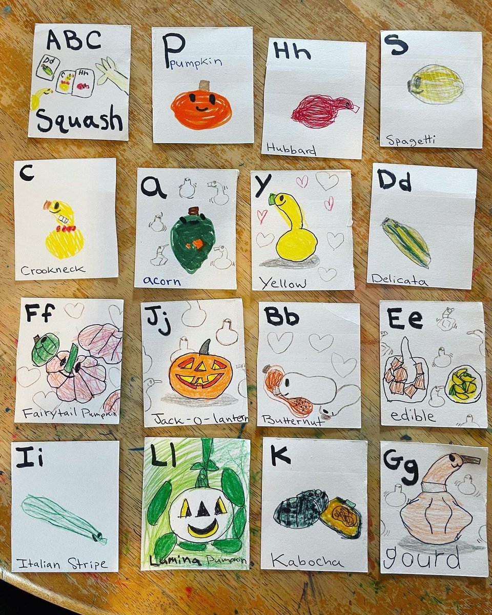 This is Ollin. She’s 7, and she’s a fan of SOPHIE’S SQUASH. Her mom sent me these photos of how they’ve incorporated the book - and squash - into their homeschooling. Squash math! Squash art! Squash alphabetization! 1/2