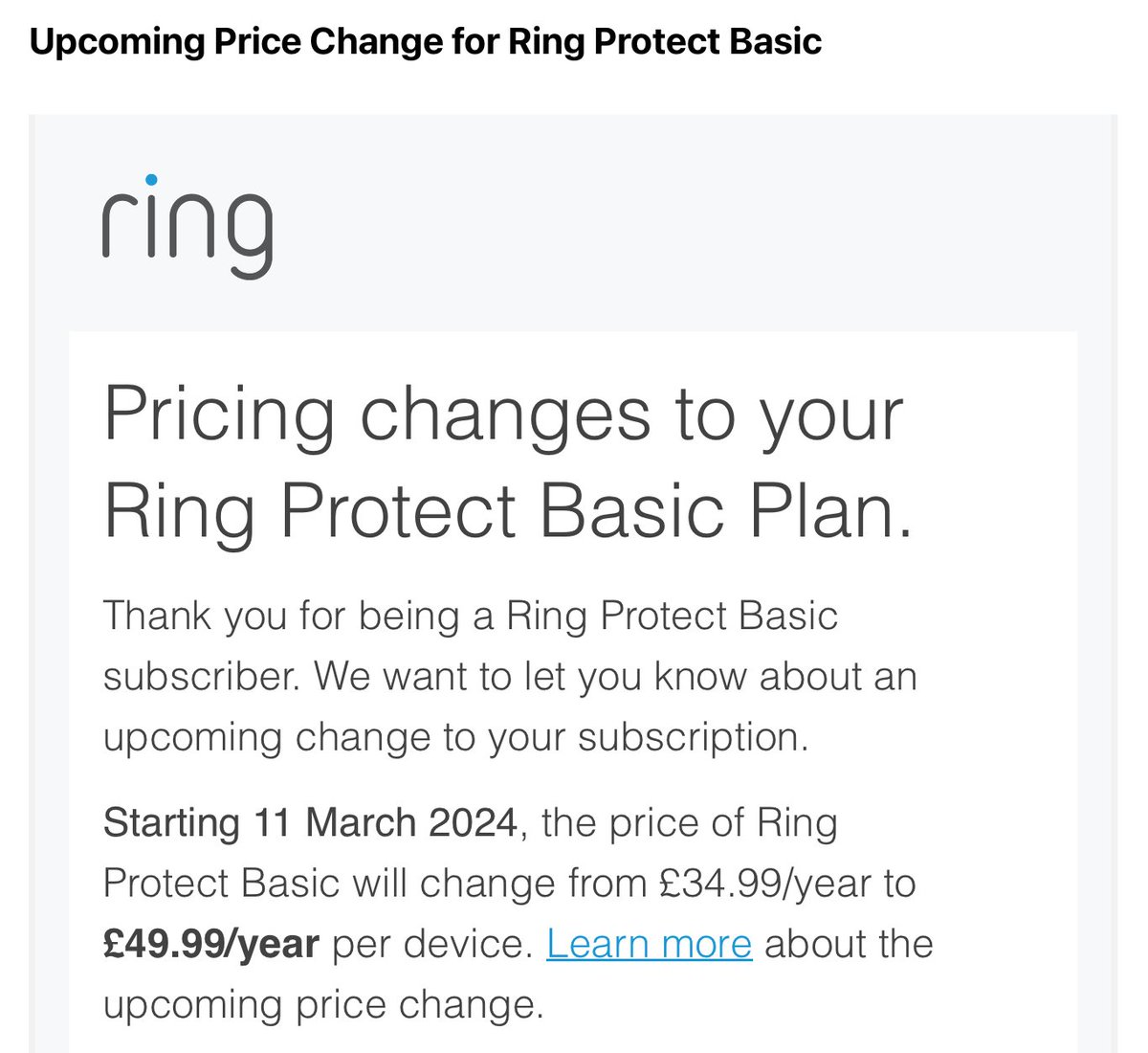 M0KPH's tweet photo. .@ring You are absolutely having a laugh! How do you justify such a ridiculous increase? What operating costs have actually increased for you to come up with this nonsense!? https://t.co/6MntOHx2E2