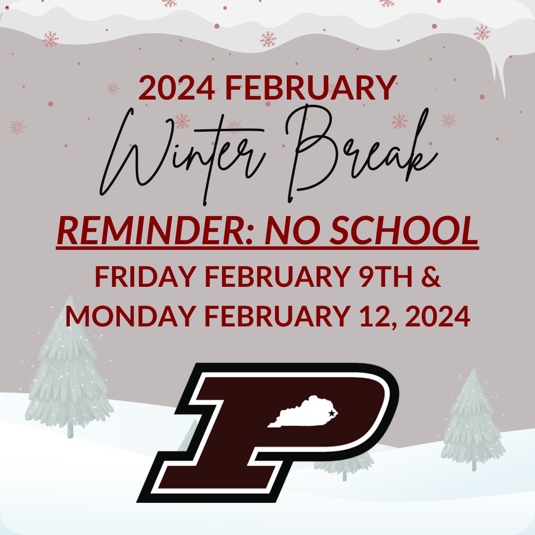 Pikeville Schools (@pikevilleind) on Twitter photo Reminder <a href="/PikevilleHigh/">Pikeville High School</a> & <a href="/PikevilleElem/">Pikeville Elementary School</a> will be closed for the scheduled Winter Break tomorrow Friday February 9th & Monday February 12th, 2024. We look forward to seeing everyone on Tuesday. Reminder <a href="/PikevilleHigh/">Pikeville High School</a> & <a href="/PikevilleElem/">Pikeville Elementary School</a> will be closed for the scheduled Winter Break tomorrow Friday February 9th & Monday February 12th, 2024. We look forward to seeing everyone on Tuesday.