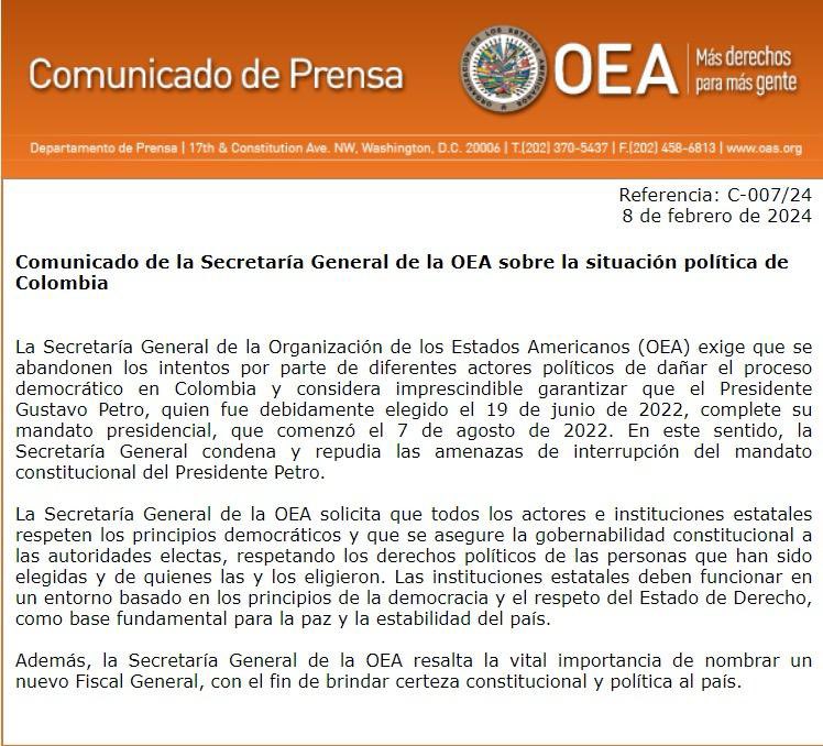 La secretaría General de <a href="/OEA_oficial/">OEA</a> en cabeza de <a href="/Almagro_OEA2015/">Luis Almagro</a> se manifiesta en favor del presidente <a href="/petrogustavo/">Gustavo Petro</a> y hace énfasis en la importancia de elegir #FiscalGeneralYa “para brindar certeza constitucional y política al país”✊🏼🇨🇴