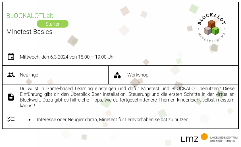 petiteprof79's tweet photo. Du willst in #GameBasedLearning mit #Minetest & #BLOCKALOT einsteigen?🚪🎮Am 6.3. ab 18 Uhr erhältst du im #BLOCKALOTLab eine Einführung zu Installation, Steuerung & erste Schritte. Dazu gibt's hilfreiche Tipps. Jetzt anmelden auf ✏️https://t.co/jdEv5et5Py #twlz #edubw @lmz_bw https://t.co/gHxif4hHHp