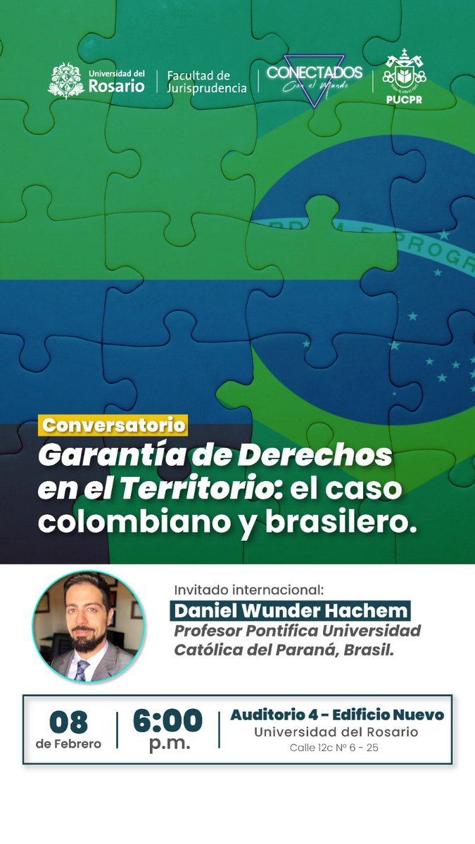 Hoje terei a honra de proferir a conferencial inaugural dos Cursos de Especialização em Direito Constitucional e em Direito Administrativo da Universidad del Rosario, em Bogotá.