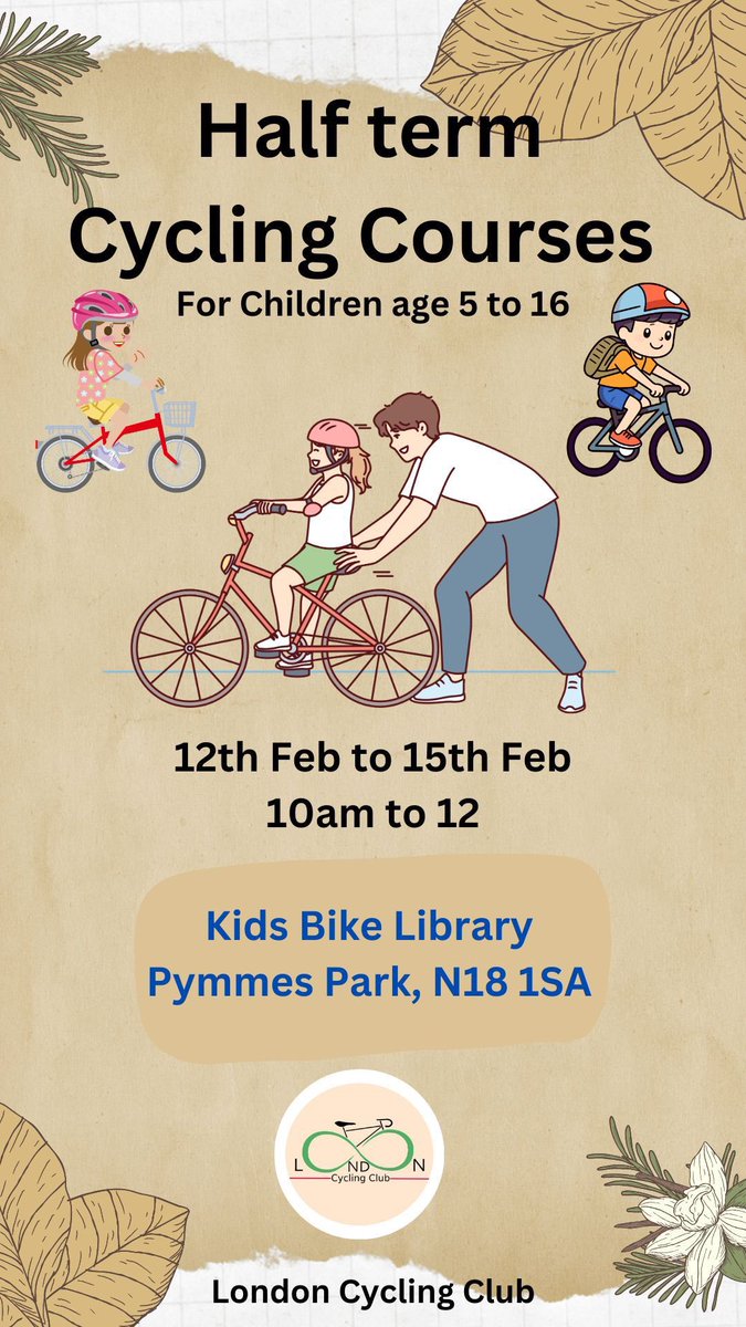 Half-Term Cycling Course 🚲 Give your child the chance to learn how to cycle this half-term! Join our 4-day course from February 12th to 15th at the Kids Bike Library near the Pymmes Park tennis courts. Dates: Feb 12-15th (Mon-Thurs) ⏰ Times: 10am-12pm (1 hour/session) 📍…