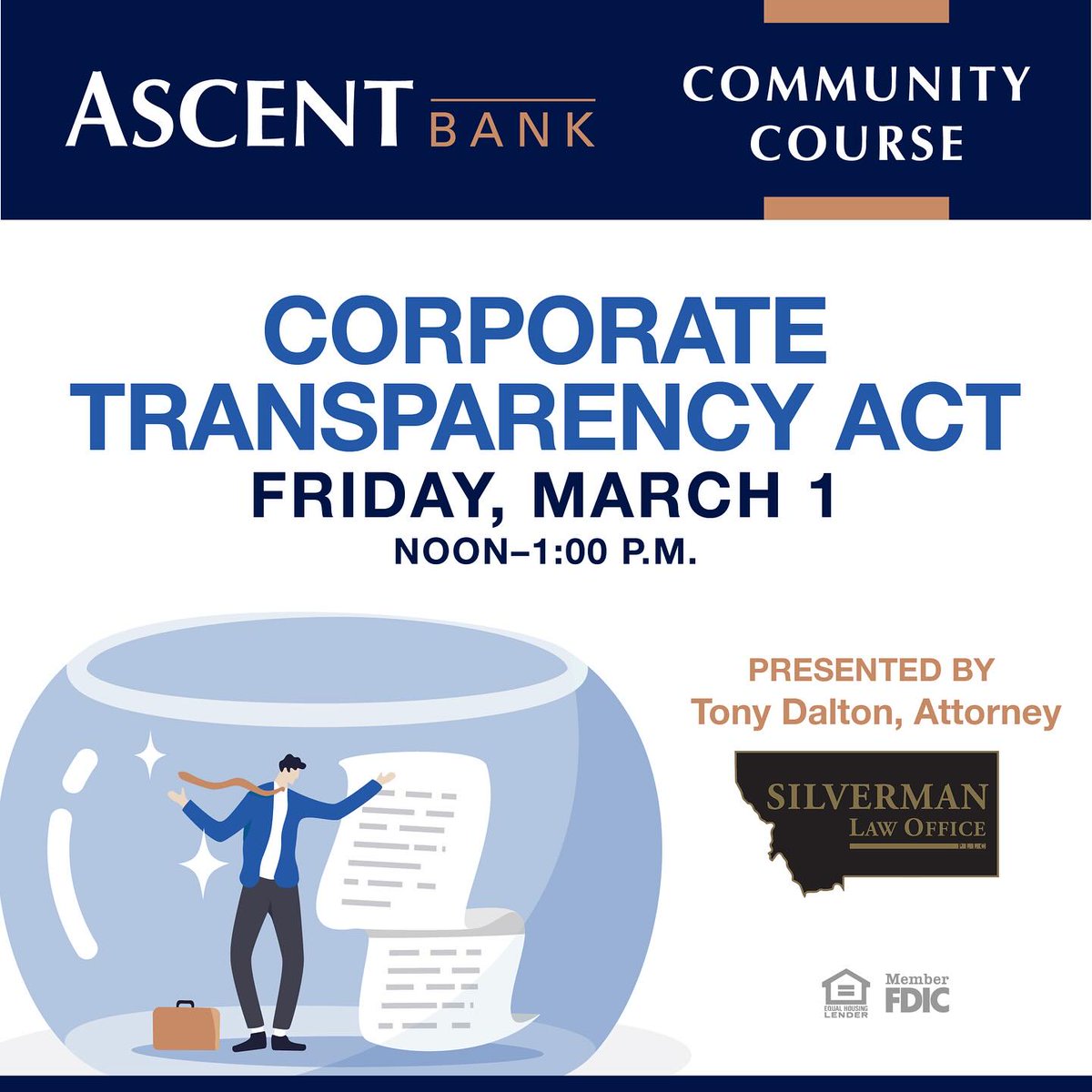 LawSilverman's tweet photo. If you own an LLC, corporation, or other type of entity, you are likely required to comply with the Corporate Transparency Act! Join us for this upcoming Community Course on the new federal law and what it means for you. Call Tom or Gary to register: (406) 442-8870. https://t.co/r2Be8eVDbo