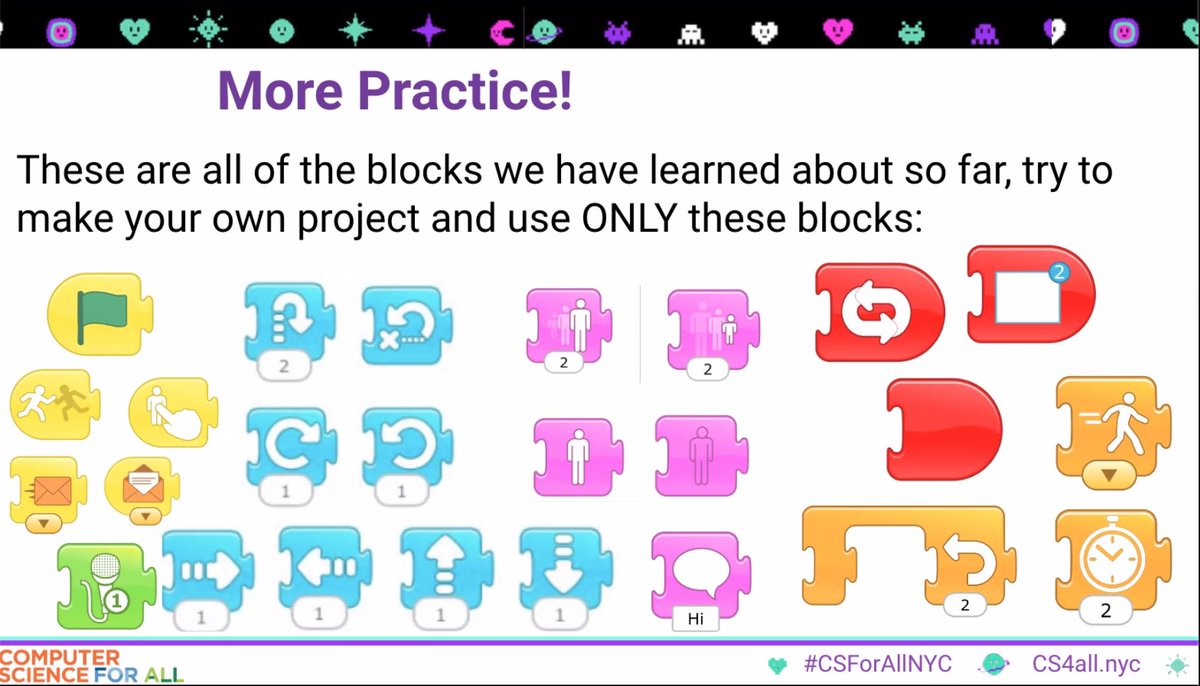 Charvey5H's tweet photo. Time for a challenge in today's Cluster Creative Track for #ScratchJr with @Hannon131. Participants have been challenged to create a game or their own project using only these blocks. Stay tuned to see what they come up with. @techstrodinaire https://t.co/phtrl5N7e8