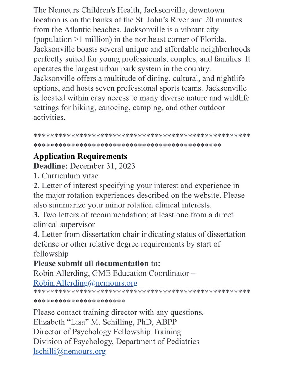 Another opportunity to come train with us here at Nemours Children’s Health in Jacksonville, FL! We have 2 open pediatric psychology fellowship positions with 3 major rotations in oncology, pain, and C/L . Applications will be accepted until the position is filled.