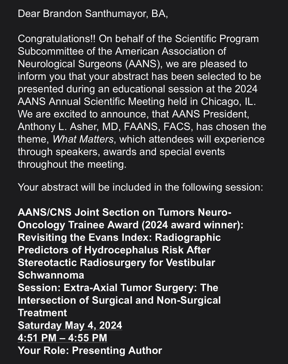 bsmayor98's tweet image. Incredibly humbled and grateful to receive the AANS/CNS Joint Section on Tumors Neuro-Oncology Trainee Award! I could not have done this work without the team at @GammaNyu and mentorship of @DKondziolkaCNS. Can’t wait for the full experience at #AANS2024 in Chicago!!