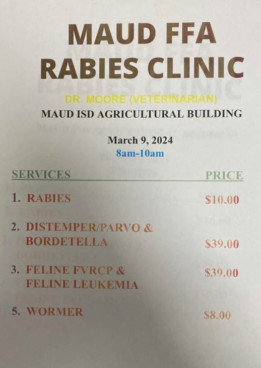 Updated information: Our Rabies clinic will not take place this weekend. It will be on March 9th. Please make sure to mark your calendars. #MaudTXISD