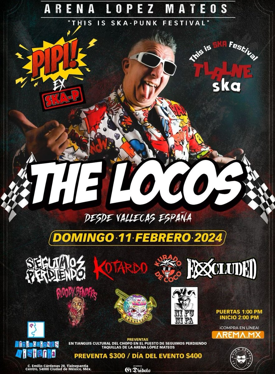 Este 11 de febrero llega a la @arenalopezmateos un festival de ska con la presencia de grandes invitados entre los que destacan @thelocos_oficial y @kotardooficial no te lo puedes perder, el evento inicia 2:00 pm, pero se abrirán puertas en punto de la 1:00 pm. 
#ska #Tlaneska