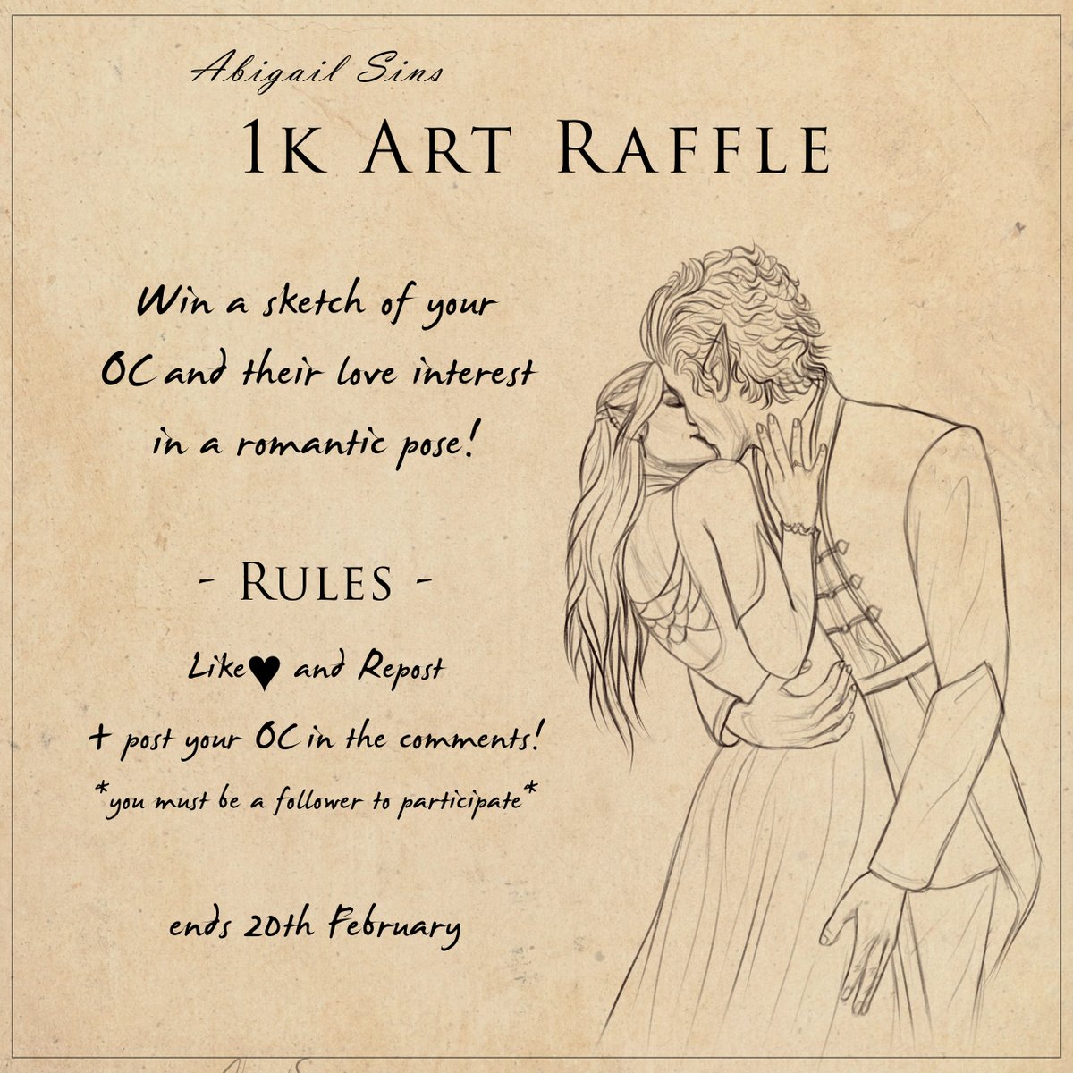 We just hit 1k and I decided to run a proper giveaway this time, so combined with the current Valentine's extravaganza, I'll draw one lucky follower's OC AND their love interest! ♥ 
Rules below, ends on 20/02!