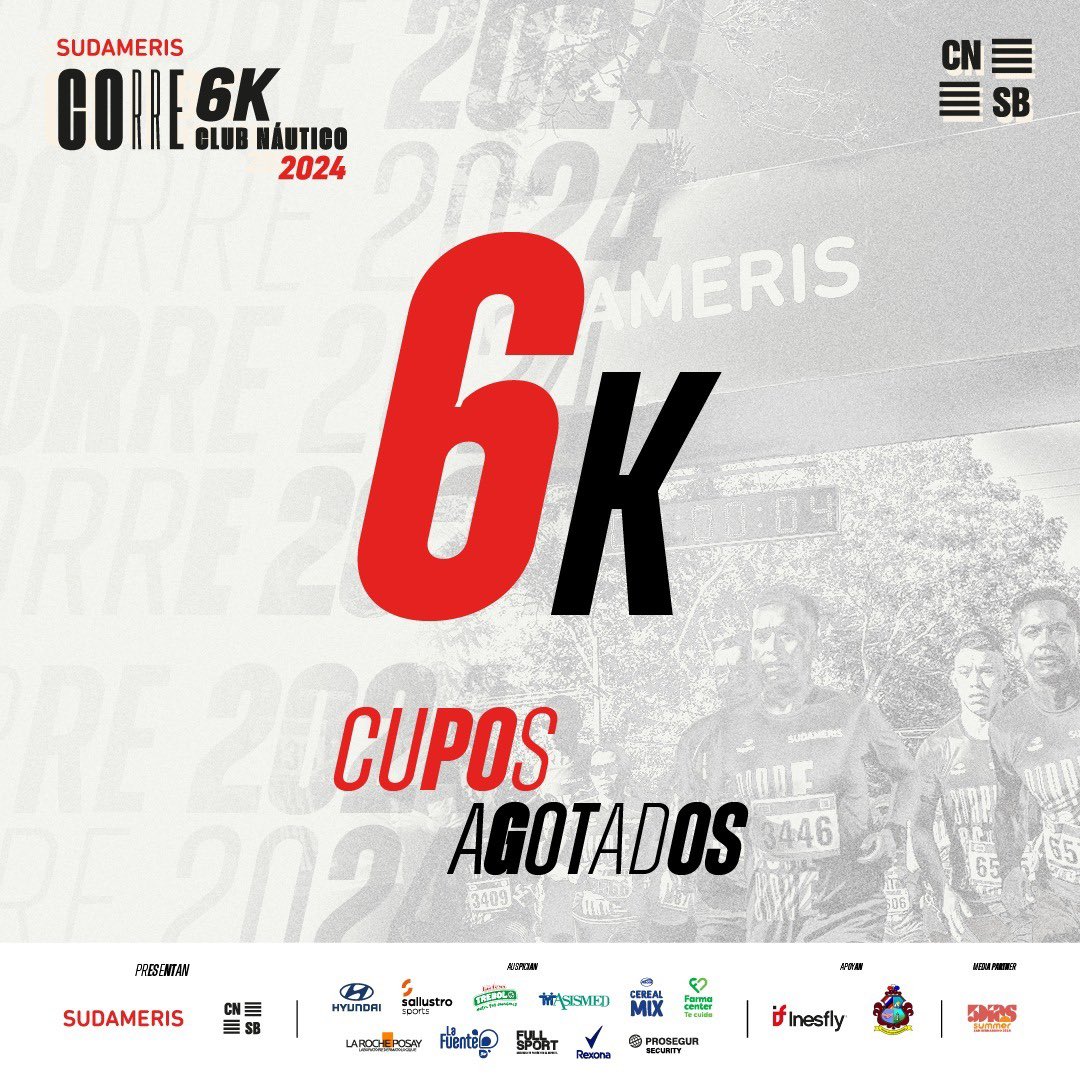 CUPOS AGOTADOS 6K 🚫

Estamos a días de vivir lo máximo del Sudameris Corre 6K CNSB. 🏃🏻‍♂️☀️

#SudamerisPy #TodoUnBanco#SudamerisCorre #CNSB
