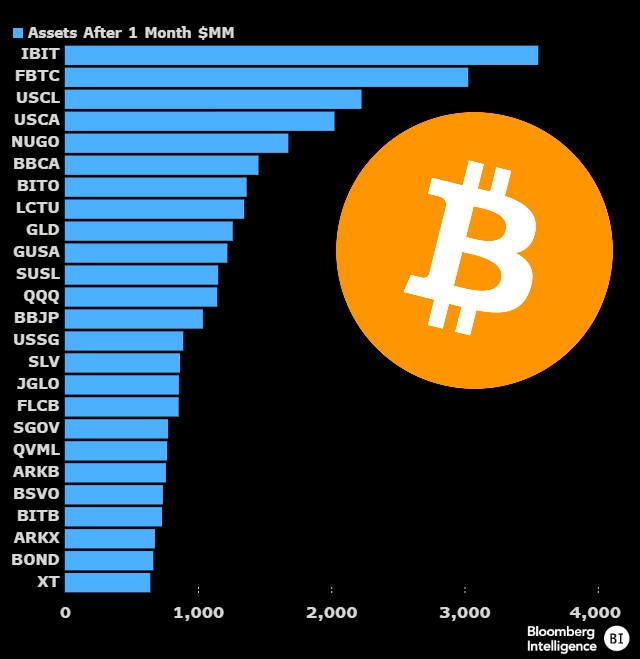 JUST IN: BlackRock and Fidelity spot #Bitcoin ETFs dominate the top 25 ETFs by assets 1 month after launch — Bloombergs Eric Balchunas 🚀
