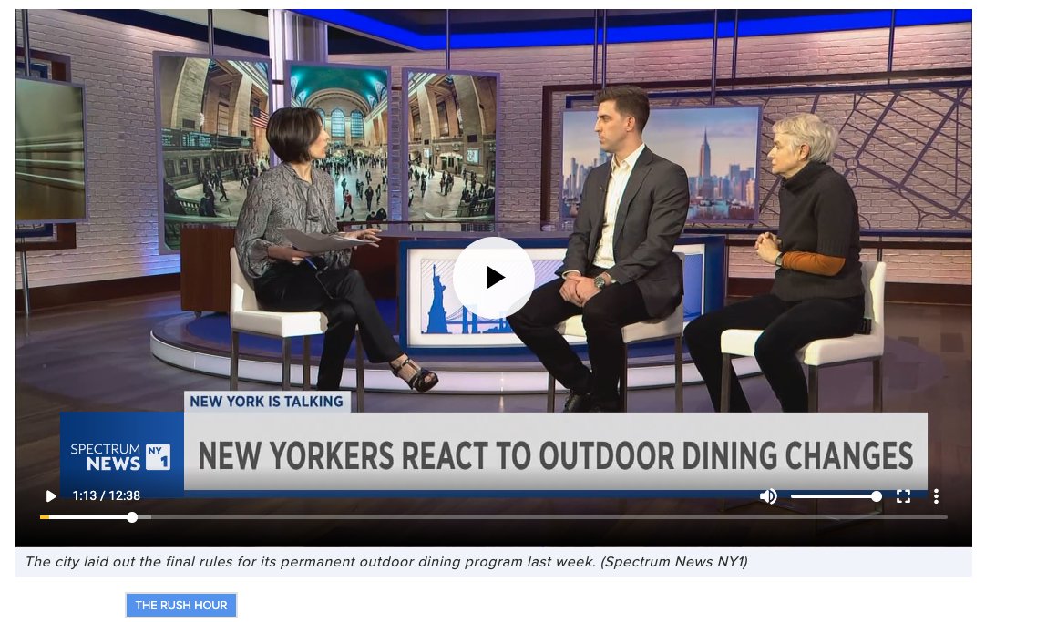 On @NY1's Rush Hour, DT Executive Director and @Alfresco_NYC coalition member Matthew Clarke talks with @AnnikaPergament on the future of outdoor dining design and the new #DiningOutNYC program. 🍽️Watch here: ny1.com/nyc/all-boroug…