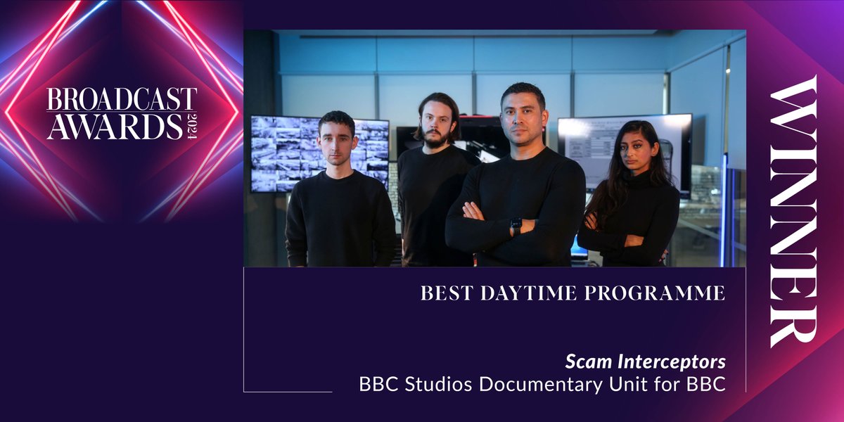 BroadcastAwards's tweet photo. Our next award is for Best Daytime Programme, and the winner is Scam Interceptors, @BBCStudios Documentary Unit for @BBC. #BroadcastAwards #BA2024 https://t.co/OZNcA9b3wL