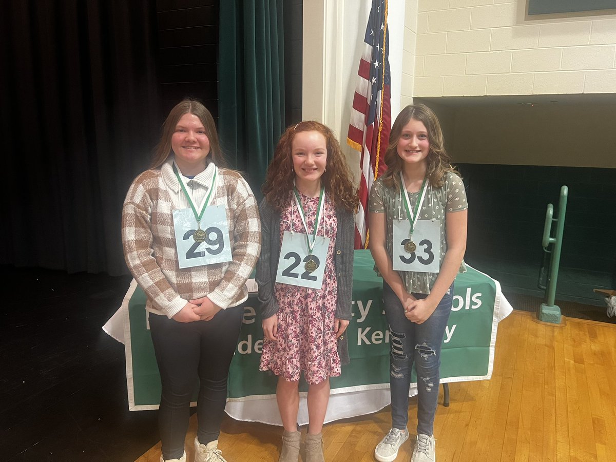 Meade_GATE's tweet photo. We are so proud of all the participants in today's district Spelling Bee. Congratulations to our winner, Paige; runner-up, Elise Webb; and third place, Kenadie! https://t.co/ecFbYMW5hc