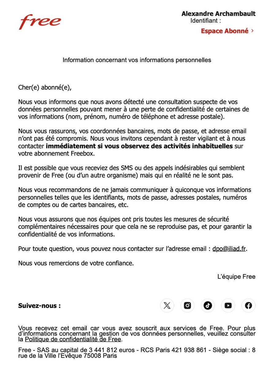 AlexArchambault's tweet photo. #AlerteCyber Twitter, si tu es abonné #Freebox et que tu reçois ce genre de mail, c'est une authentique notification, et ne panique pas.
Redouble de vigilance si jamais tu reçois d'ici les prochains jours des SMS ou appels téléphoniques t'invitant à faire une manip #FaisTourner https://t.co/ctsSqMy0jl