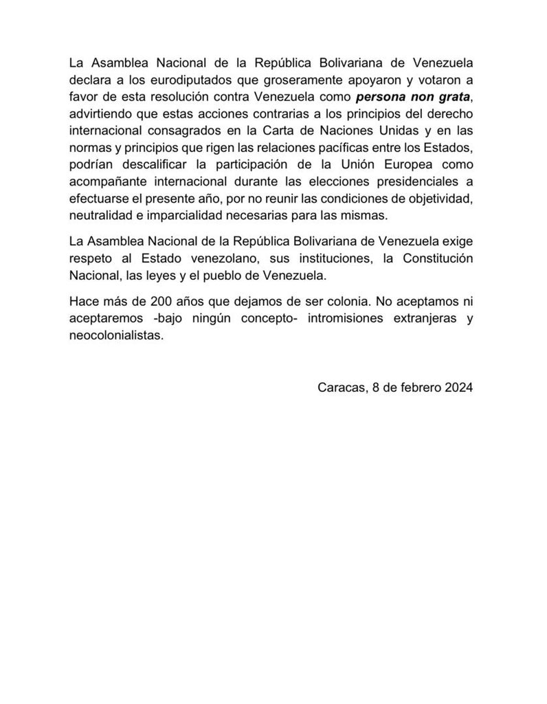 Repudiamos la resolución emitida por el Parlamento Europeo hoy #8Feb. Este acto es una injerencia en los asuntos internos de nuestra Patria por parte de factores que intentan desestabilizar la paz y la estabilidad política. ¡Venezuela se respeta! #OseaLiteralNoVas