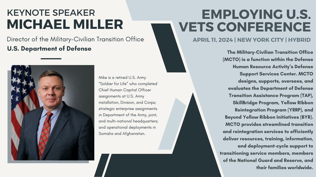 Register for the April 2024 Employing U.S. Vets Conference, featuring Michael Miller, MCTO Director. 
Early bird registration ends March 1, 2024; visit employingusvets.com 
#transitioningservicemembers #veterans #biannualconference #mcto #veteranemployment #militaryfamilies