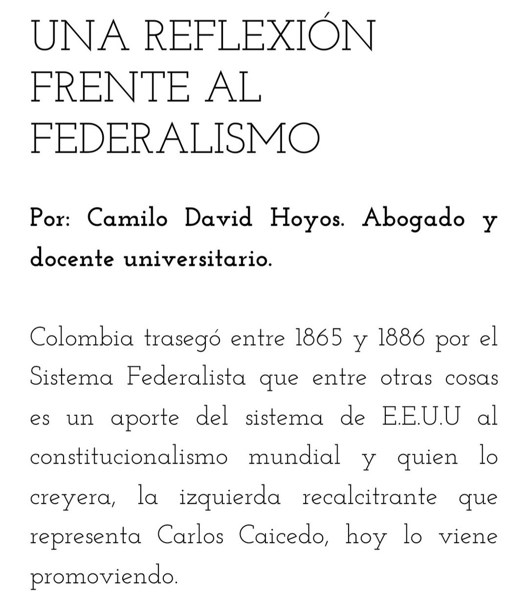 Apreciados lectores los invitamos a leer la columna del abogado y profesor Camilo David Hoyos titulada:

Una reflexión frente al federalismo. 👇🏻

columna7.com/post/una-refle…
