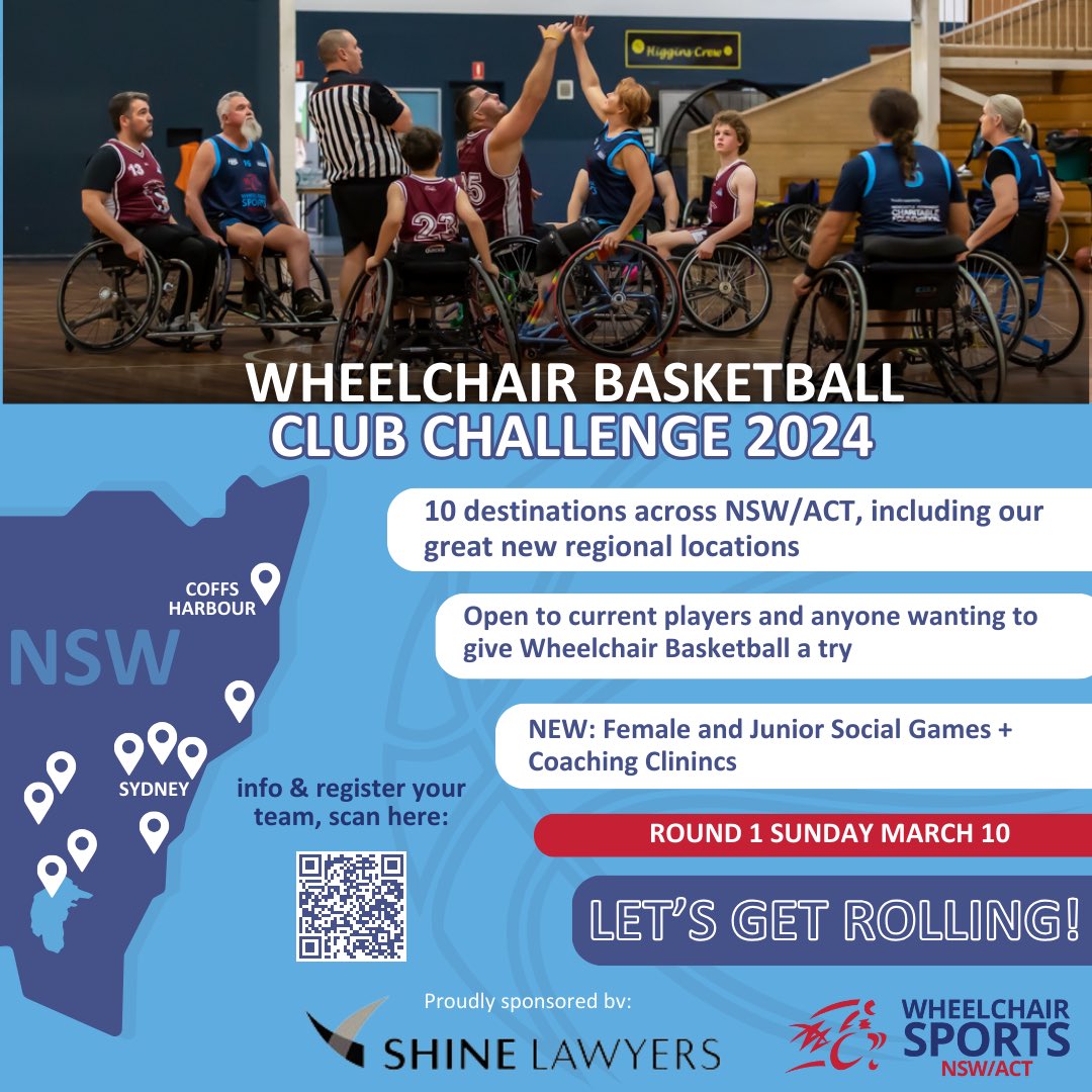 LAUNCHED: The 2024 Wheelchair Basketball Club Challenge, presented by Shine Lawyers. 10 great locations around NSW/ACT, with new social games for females and juniors. Check out all the details and register your teams today via this link: wsnsw.org.au/play-sport/whe…