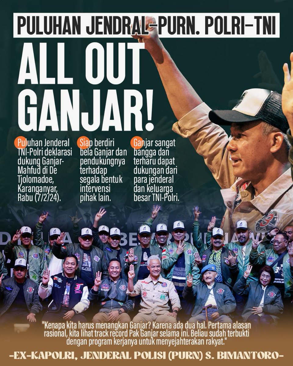 Jelang masa pencoblosan, semakin banyak masyarakat hilir mudik menyatakan dukungannya utk Ganjar-Mahfud.Seperti puluhan Jenderal dan Purnawirawan TNI/Polri.Tentu saja keputusan itu berdasarkan pertimbangan matang,sosok Ganjar memang memiliki ilmu pemerintahan dan tidak diragukan