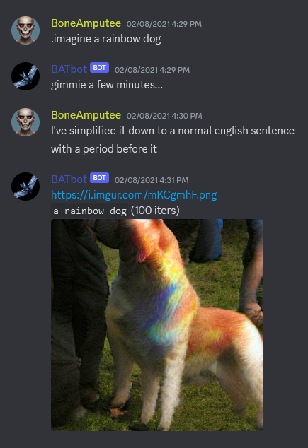 It was 3 years ago today that I issued my first "imagine" command. <a href="/BATbotAI/">BATbot AI</a> would later go on to inspire the creation of <a href="/midjourney/">Midjourney</a> in the format that it currently exists, though the underlying AIs have progressed a bit since then. :) #AIHistory #BATbot #Midjourney #EleutherAI