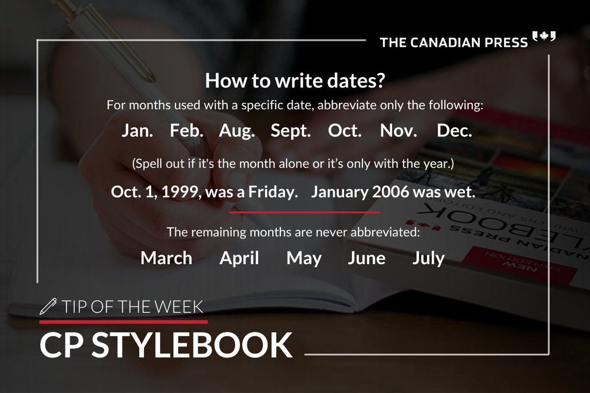 CP Style Tip: Writing Dates 🗓️ Use Jan., Feb., Aug., Sept., Oct., Nov., Dec. with specific dates. Spell out when alone or with a year: 'January 2006 was wet.' Never shorten March, April, May June, or July. #WritingTips #CPStyle'